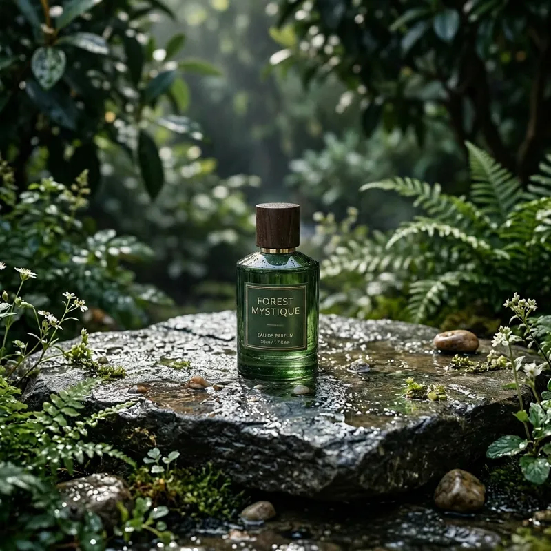 a moody product shot of a perfume bottle on wet stone